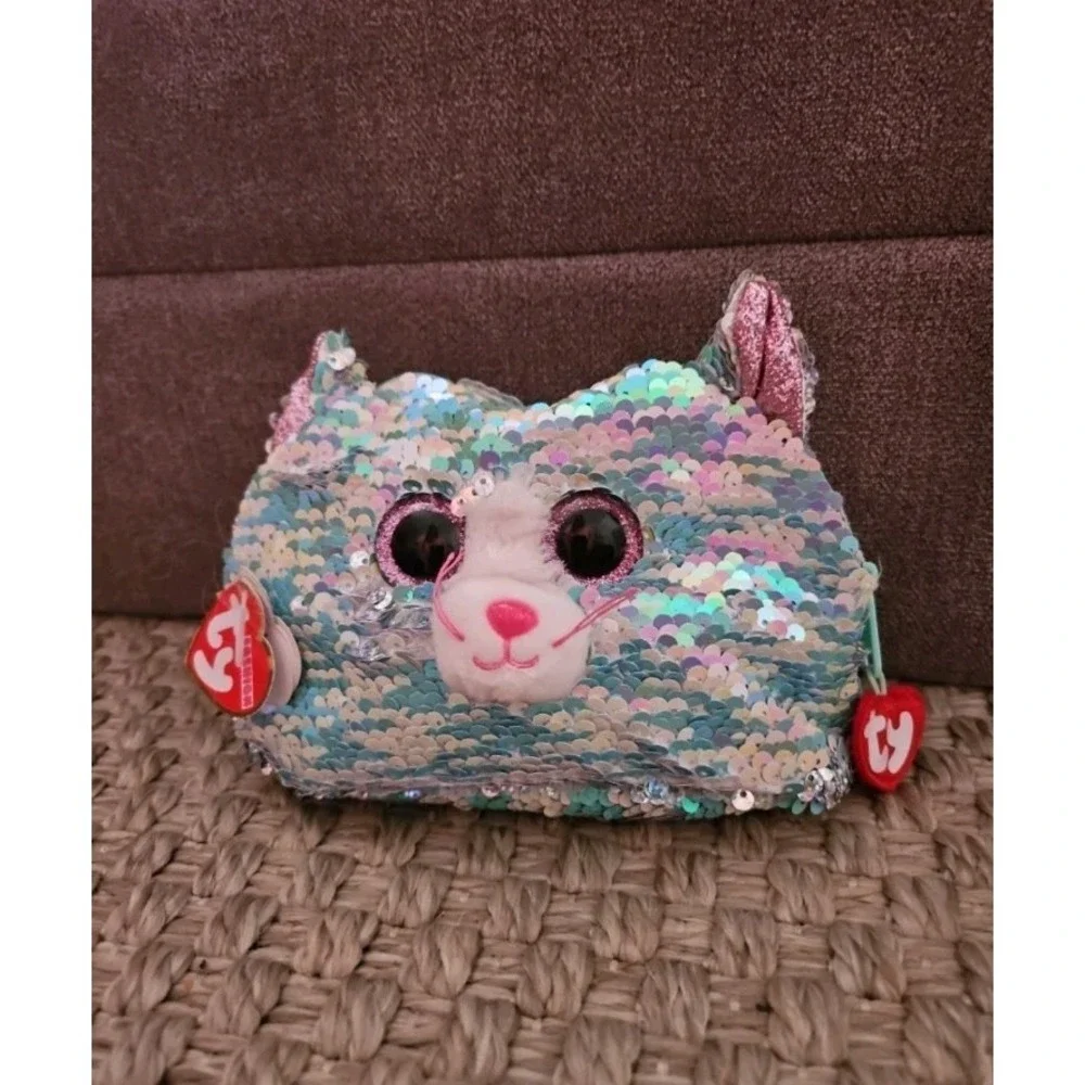 TY Fashion Blue Flippy Sequin Accessory Bag, Cosmetic Bag Whimsy the Cat